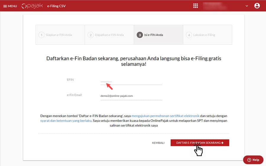 cara lapor spt online : masukkan efin badan di onlinepajak