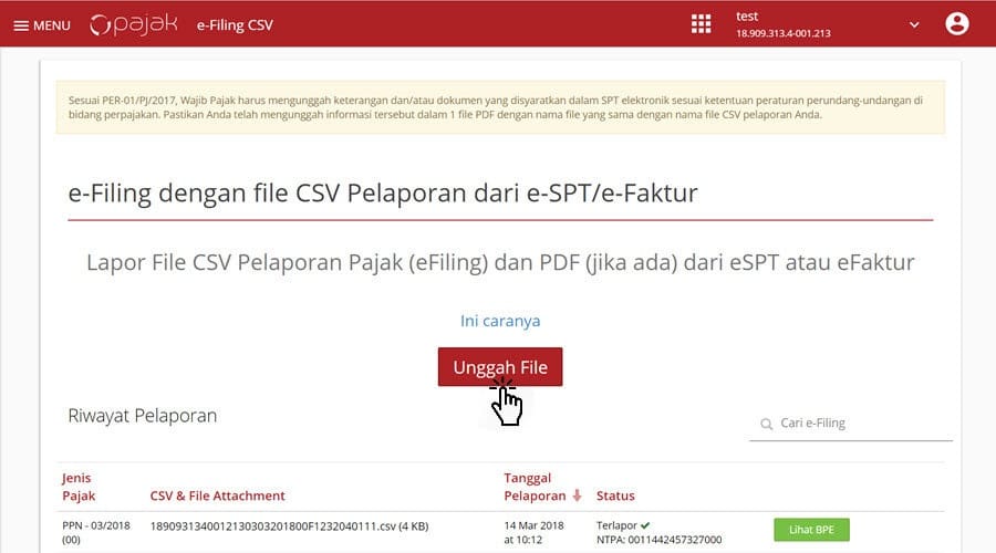 langkah e-Filing : 1 Upload File CSV