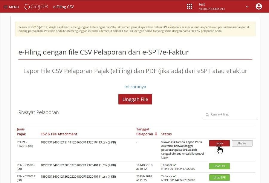 langkah pelaporan pajak online : klik tombol lapor pada OnlinePajak