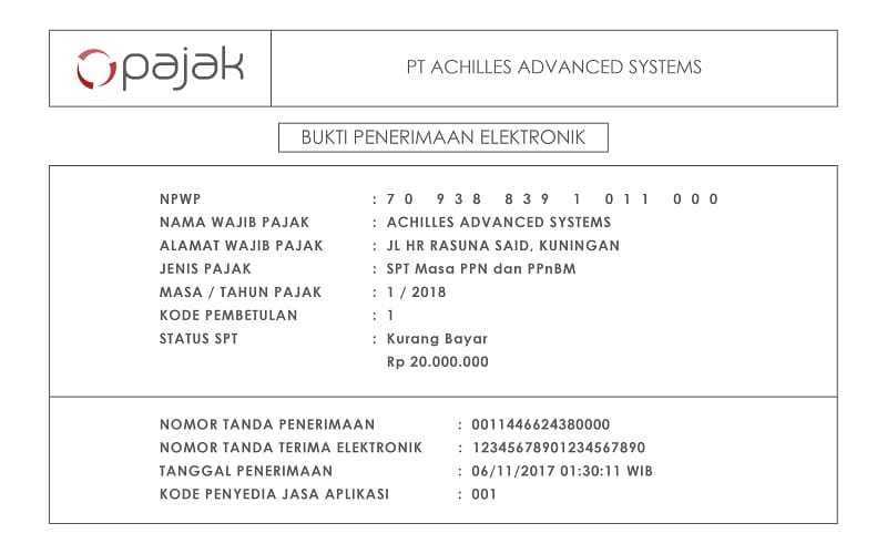 bukti penerimaan elektronik dari e-filing onlinepajak resmi dari DJP 