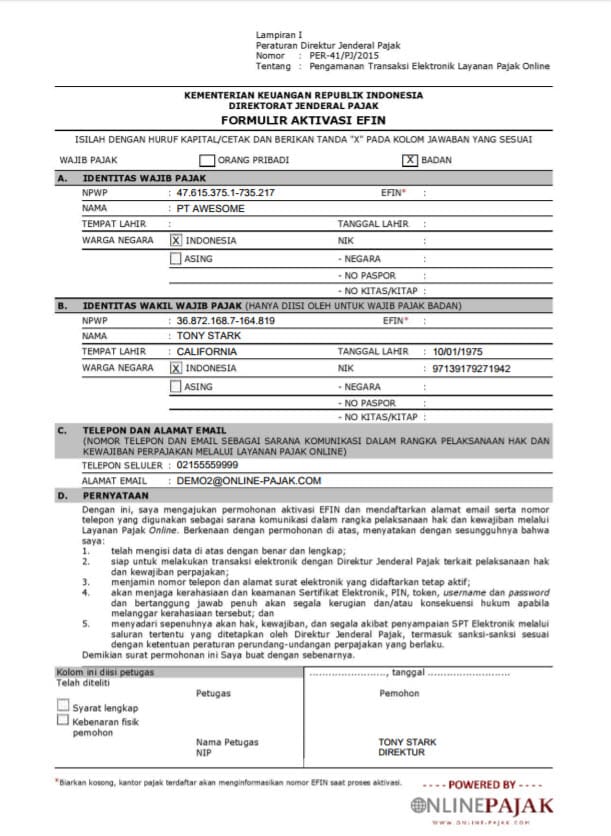Contoh Formulir EFIN Pajak