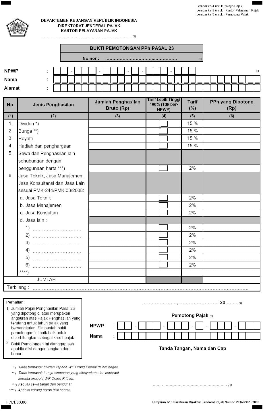 bukti potong pph 23