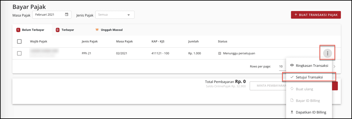 Untuk melanjutkan transaksi pembayaran silakan untuk klik ikon 3 titik kemudian klik Setujui Transaksi kemudian muncul Tombol Bayar Pajak. 