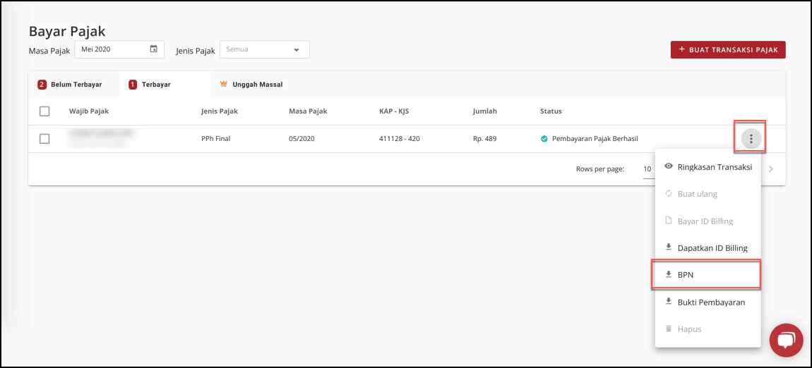 Anda bisa melakukan pengecekan atas BPN/NTPN di kolom Terbayar. Pilih menu 3 titik dipaling kanan dan klik Download BPN.