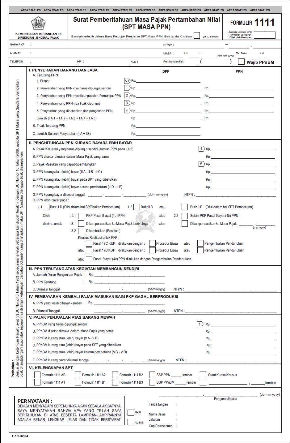 Formulir yang kini digunakan adalah SPT Masa PPN 1111
