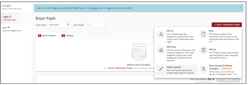 Klik “+ Buat Transaksi Pajak” kemudian pilih “Pajak Lainnya