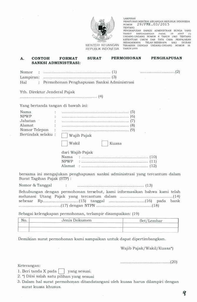 Format Surat Permohonan Pengurangan atau Penghapusan Sanksi Administrasi Pajak