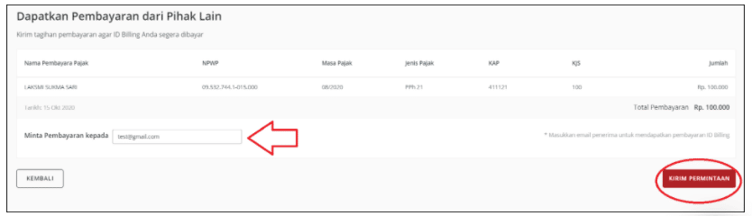 Isi kolom "Minta Pembayaran Kepada" dalam bentuk email klien, kemudian klik Kirim Permintaan