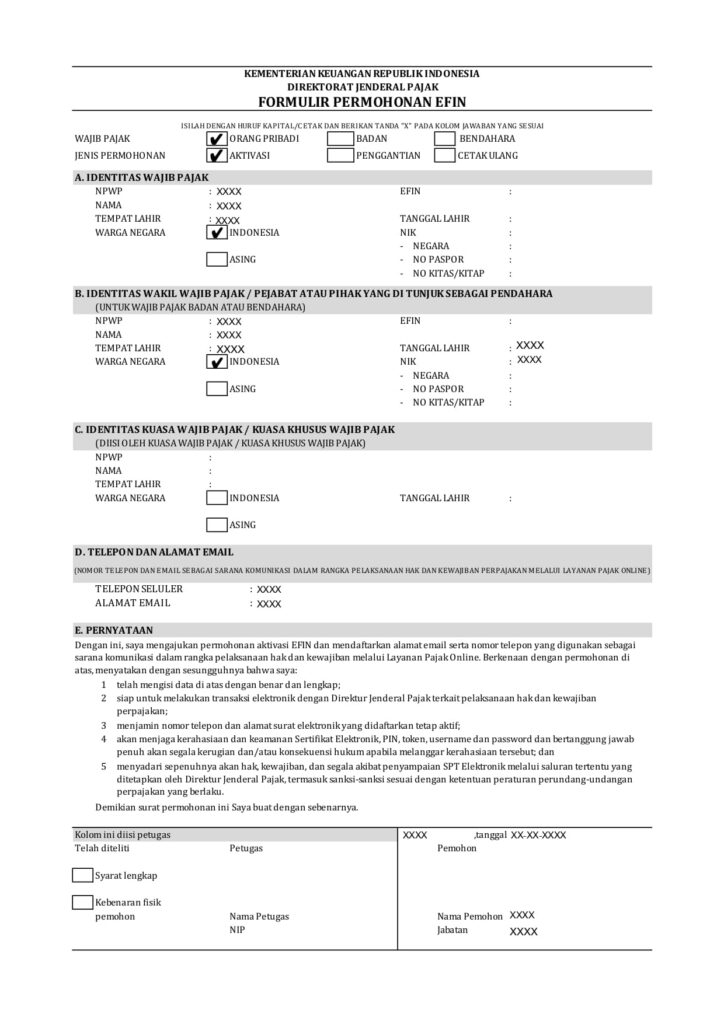 Contoh Formulir Permohonan Efin yang sudah diisi