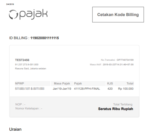 lembar surat setoran pajak elektronik yang dibuat di aplikasi OnlinePajak