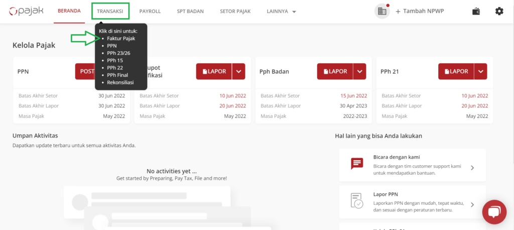 klik menu “Transaksi” lalu pilih “Faktur Pajak”