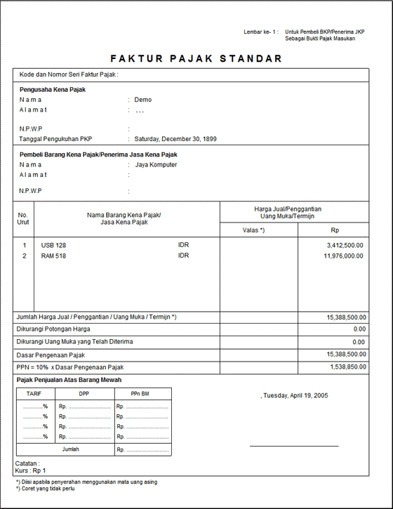 contoh faktur pajak standar