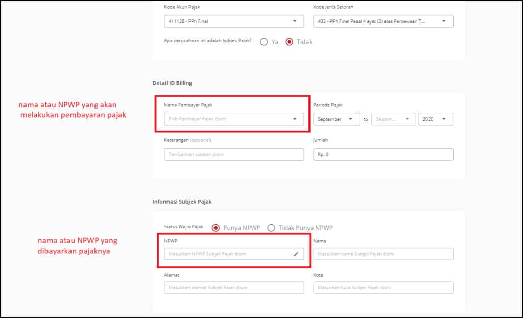 Tampilan form informasi subjek Pajak yang harus diisi pada sistem OnlinePajak