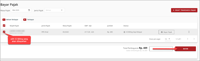 Pilih ID Billing yang akan dibayar dengan centang (√) kotak pada sebelah kiri ID Billing, kemudian klik "Bayar”.