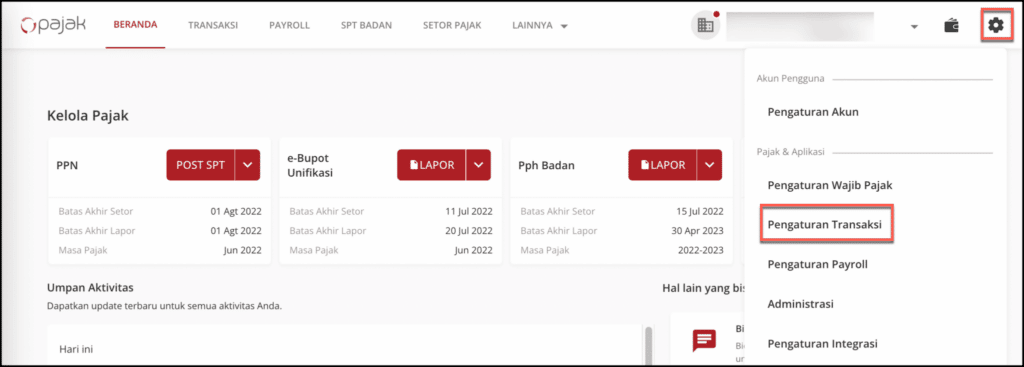 Klik menu “Pengaturan” pada pojok kanan atas. Kemudian pilih “Pengaturan Transaksi”