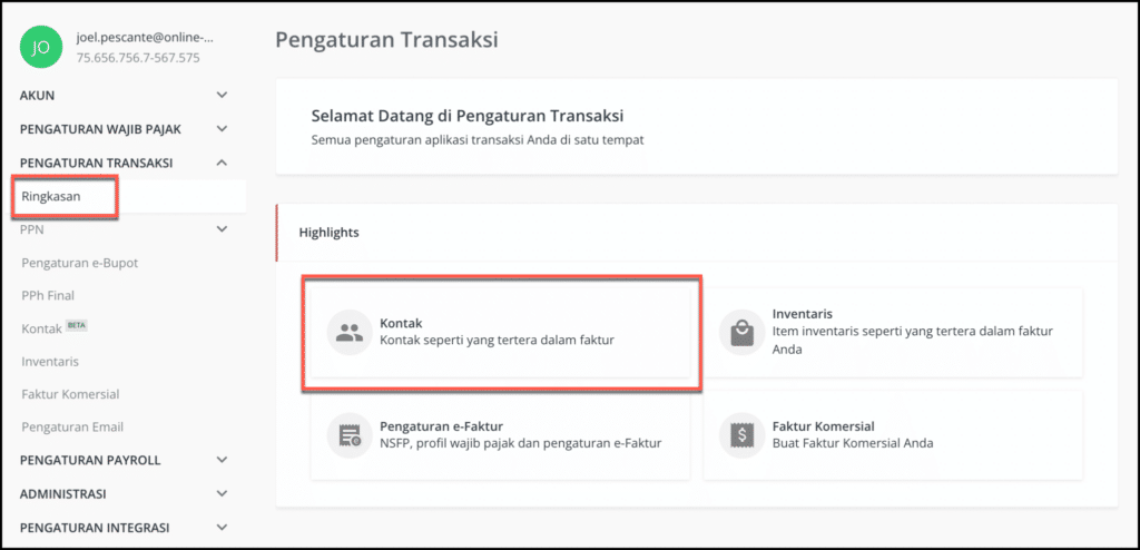 Tampilan pengaturan transaksi. Pilih menu “Ringkasan” dan klik tab “Kontak”