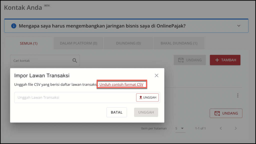 Tampilan untuk mengunggah file CSV dan mengunduh contoh format CSV