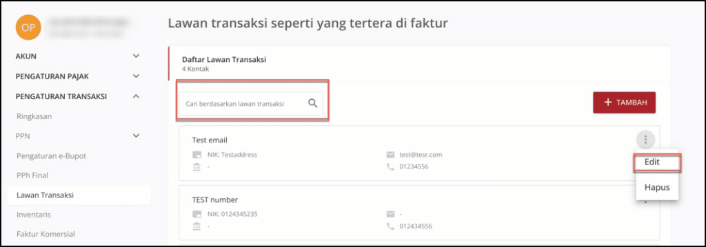 Tampilan untuk merubah informasi lawan transaksi