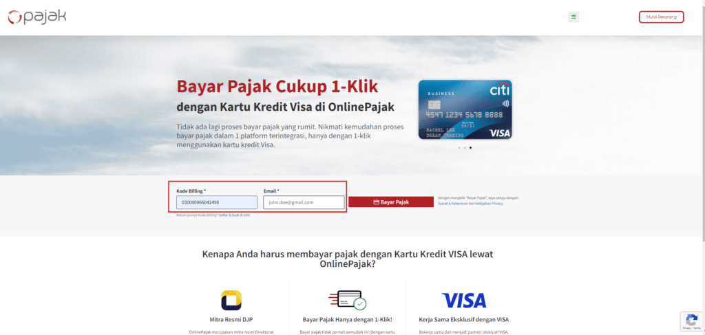Tampilan halaman Bayar Pajak dengan Kartu kredit visa di Online Pajak. Masukan Kode Billing dan email. 