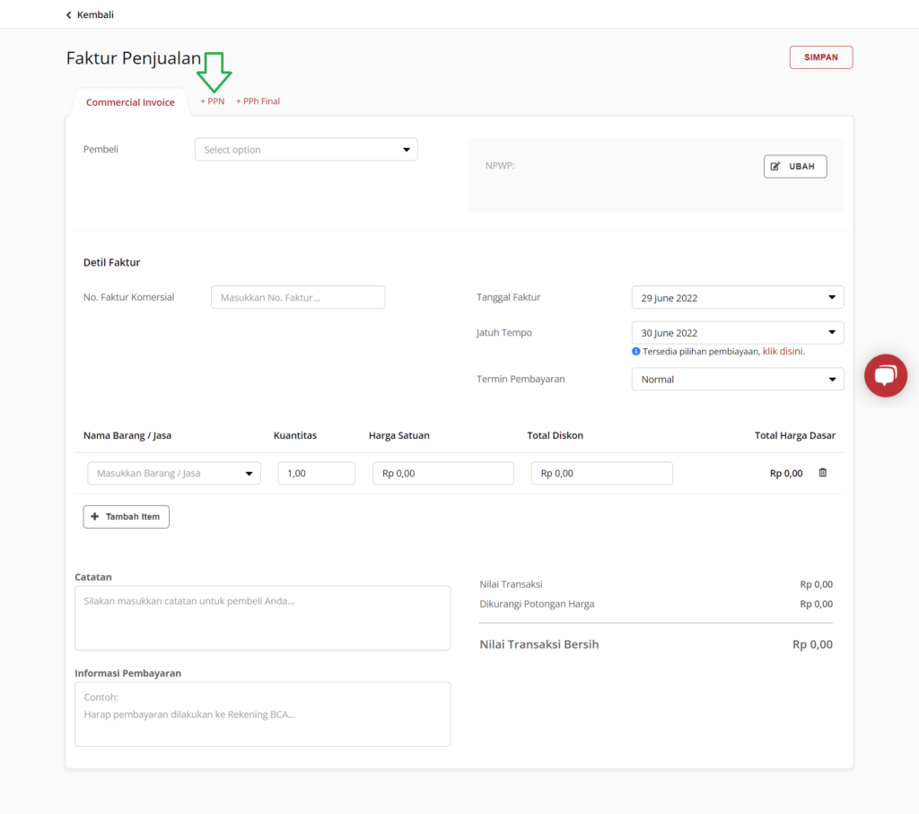 Tampilan laman format faktur komersial. Setelah formulir diisi, klik “+PPN” untuk membuat faktur pajak PPN