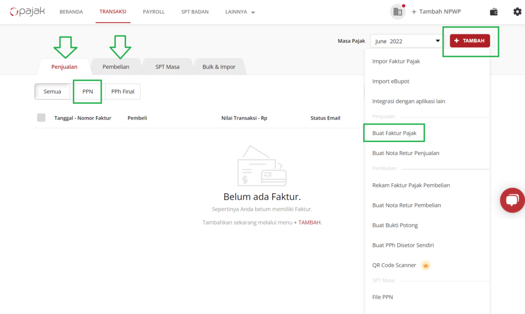 Klik “+Tambah” lalu pilih “Buat Faktur Pajak”