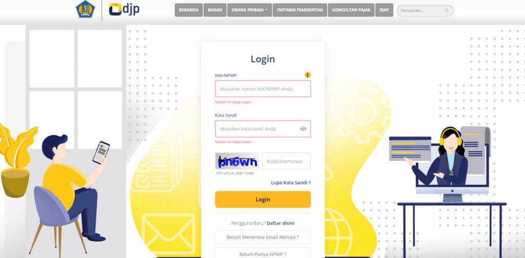 halaman login DJP online