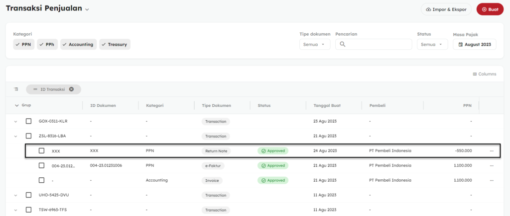 5. Refresh halaman dan tunggu hingga status Nota Kredit tersebut menjadi Approved