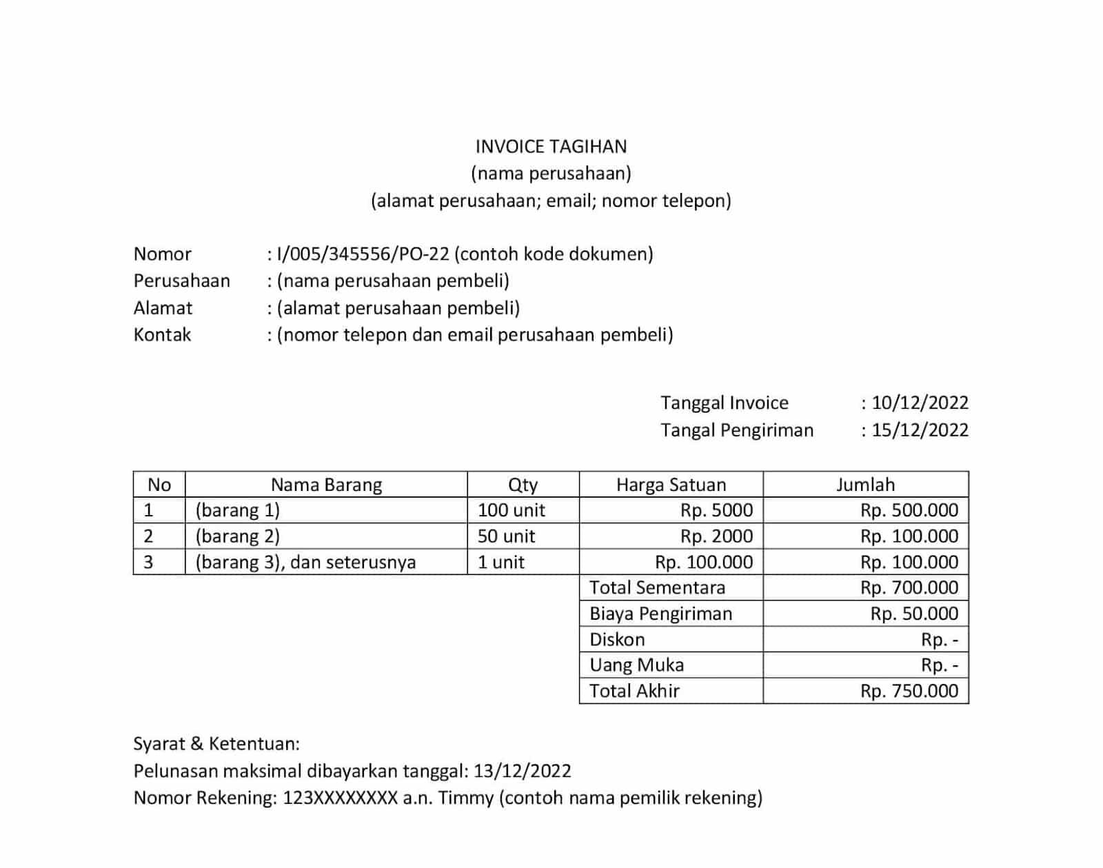 Contoh invoice pembayaran dan penjualan yang umum digunakan dalam