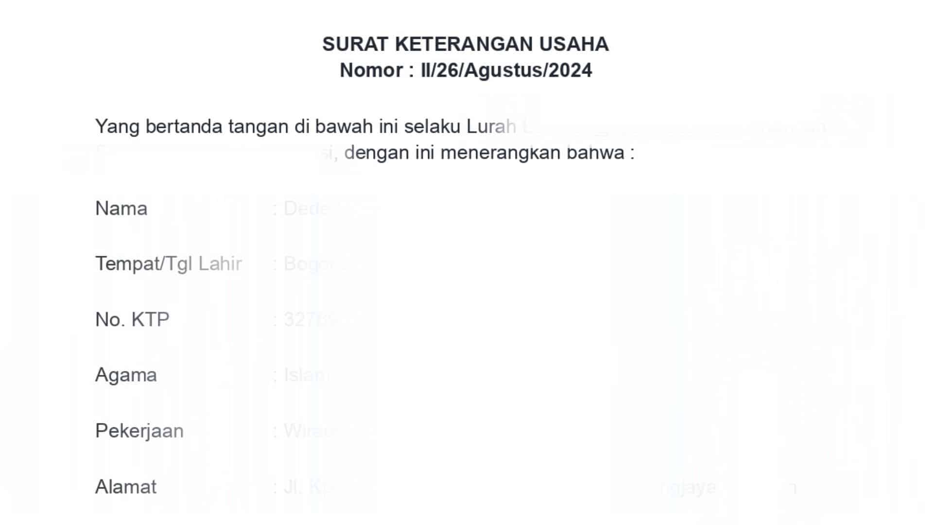 contoh surat keterangan usaha dari desa